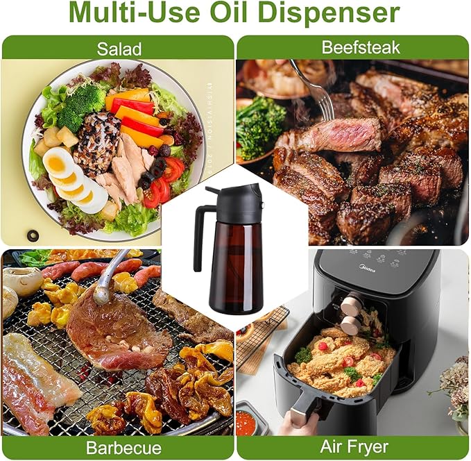 2-in-1 Glass Oil Dispenser & Sprayer - 16oz/470ml Leakproof Olive Oil Sprayer Bottle for Cooking, Air Fryer, BBQ, Baking, Salad (Black)