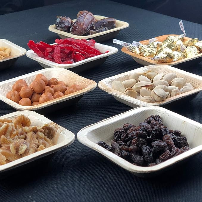 Raj Disposable Palm Leaf Bulk Bowls 4" Square Bowls(6 CASES - 600 PACK) Strong Bowl Like Bamboo Party Bowl - Decorative Compostable Tableware for Lunch, Dinner, Birthday, Outdoor, BBQ, Picnic.