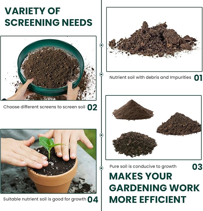 Soil Sifter, 3PCS Soil Sifter Set for Gardening, Stainless Steel Sifter（1/2", 1/4", and 1/8"）