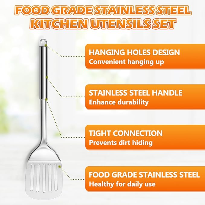 E-far Stainless Steel Cooking Utensils, 4-Piece Heat Resistant Kitchen Utensils Set, Non-toxic Metal Kitchen Tools Spatulas Set Including Soup Ladle, Slotted/Solid Turner, Skimmer, Dishwasher Safe