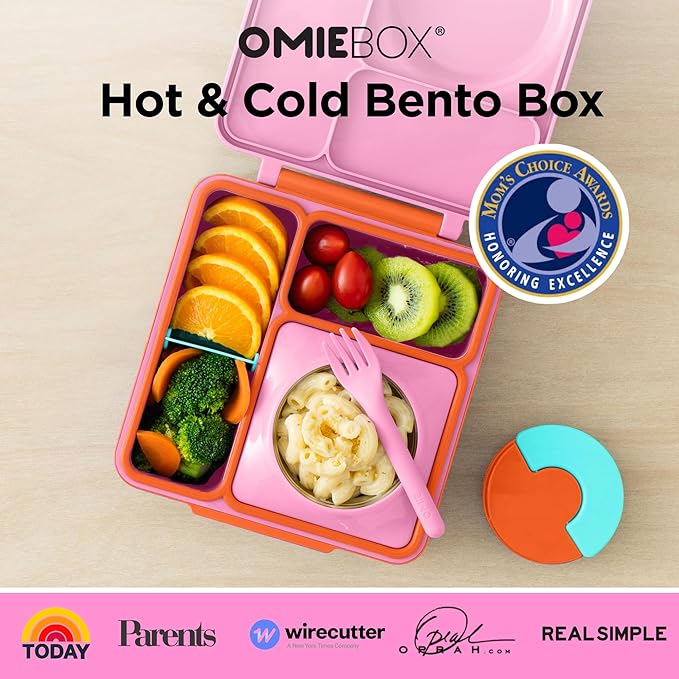 OmieBox Bento Box for Kids - Insulated Bento Lunch Box with Leak Proof Vacuum Insulated Food Jar - 3 Compartments, Two Temperature Zones (Pink Berry)