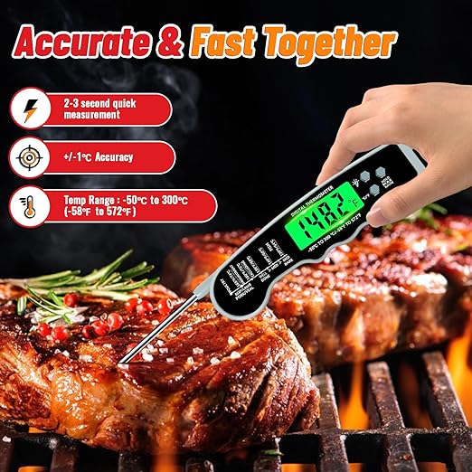 Meat Thermometer Digital, Instant Read Meat Thermometer with Backlight & Magnet for Kitchen, Beef, Grill, Turkey,IP67 Waterproof Cooking Thermometer，Suitable as Stocking Stuffers for Men