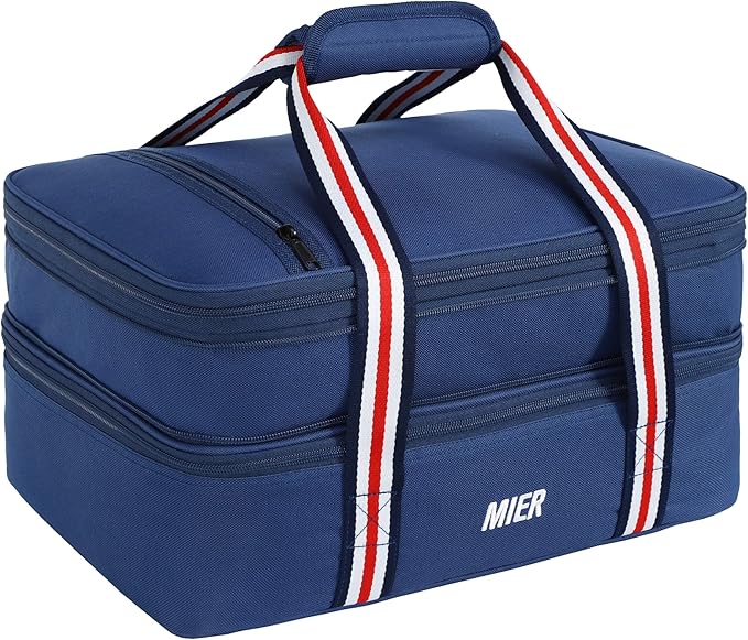 MIER Insulated Double Casserole Carrier Thermal Lunch Tote for Potluck Parties, Picnic, Beach, Fits 9 x 13 Inches Casserole Dish, Expandable by Mid Zipper, Navy