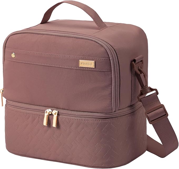 NISHEL Lunch Bag for Women, Insulated Two Separate Compartments Meal Box with Adjustable Shoulder Strap, Leakproof Cooler Case for Work, Rosewood-Pink