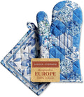 Maison d' Hermine 100% Cotton Oven Mitt & Pot Holder Set (7.5"x13" & 8"x8") Heat Resistant BBQ Cooking Gloves with Loop, Baking, Grilling, Kitchen, Handling Hot Pans Spring/Summer (Summer Blues)