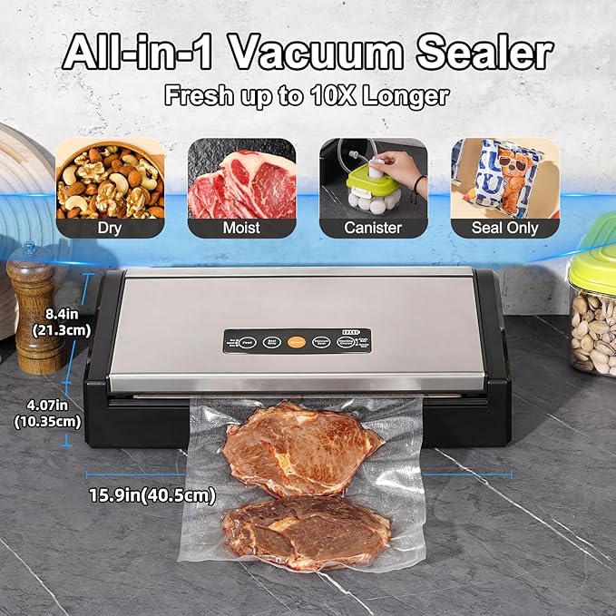 Vacuum Sealer Machine, 75kpa Rechargeable Full Automatic Food Sealer for Freshness Storage, Stainless Steel Portable Food Vacuum Sealers Machine with Pre-cut Bags, Air Hose for Outdoor Indoor
