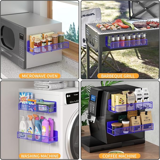 Magnetic Spice Rack for Refrigerator, 4 Pack 100% Metal Strong Magnet Fridge Shelves, Space Saving Spice Organizer, No Drilling Home Kitchen Laundry Room Storage Organization, Purple Blue