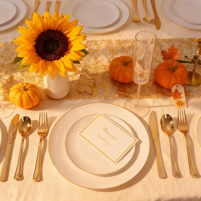 KIRE 200PCS Gold Plastic Plates - Disposable Plates for Party - White Plastic Plates with Gold Rim Include 100 for Dinner and 100 for Dessert/Salad in Wedding/Thanksgiving