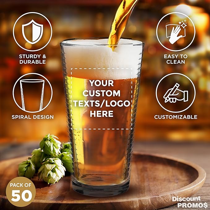 Custom Spiral Pint Glass 16 oz. Set of 50, Personalized Bulk Pack - Beer Glasses, Heavy Duty Drinkware - Clear