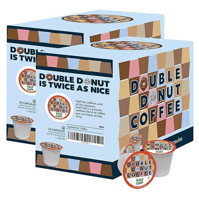 Double Donut Coffee Half Caff Coffee Pods, Single Serve Half Caffeine Coffee Pods For Keurig K Cup Brewers, Medium Roast, 24 Count pack of 2