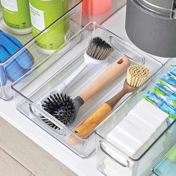 InterDesign iDesign Plastic Stackable Pantry Bin - Organizer Bin with Handles for Cabinets or Fridge - Set of 2 - Clear