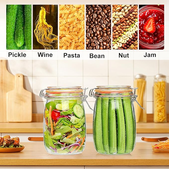 Encheng 32 oz Wide Mouth Mason Jars with Airtight Hinged Lids, Large Glass Jar with Lid for Pickling, Fermentation, Canning, Food Storage – Set of 4 Glass Storage Containers