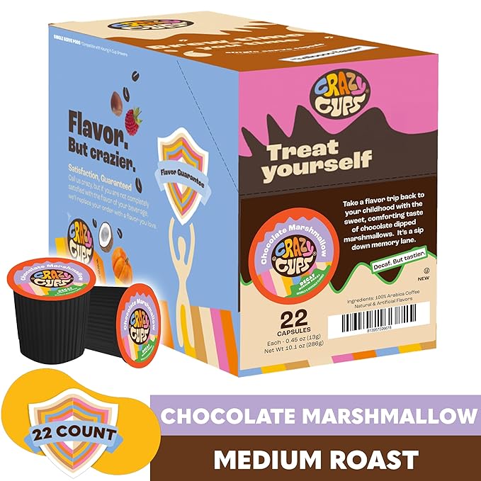 Crazy Cups Decaf Marshmallow Coffee Pods, Decaffeinated Chocolate Marshmallows Flavored Coffee, Single Serve Hot or Iced Medium Roast Coffee for Keurig K Cups Machines, 22 Count