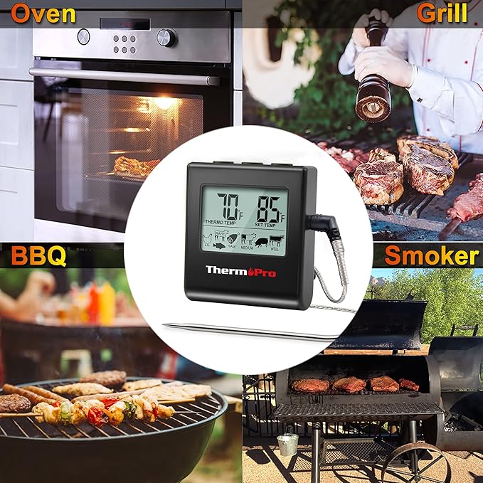 ThermoPro TP16 Large LCD Digital Meat Thermometer for Cooking, Smoking, Grilling, BBQ Food Temperature Indicator with Clock Timer and Stainless Steel Probe, Black