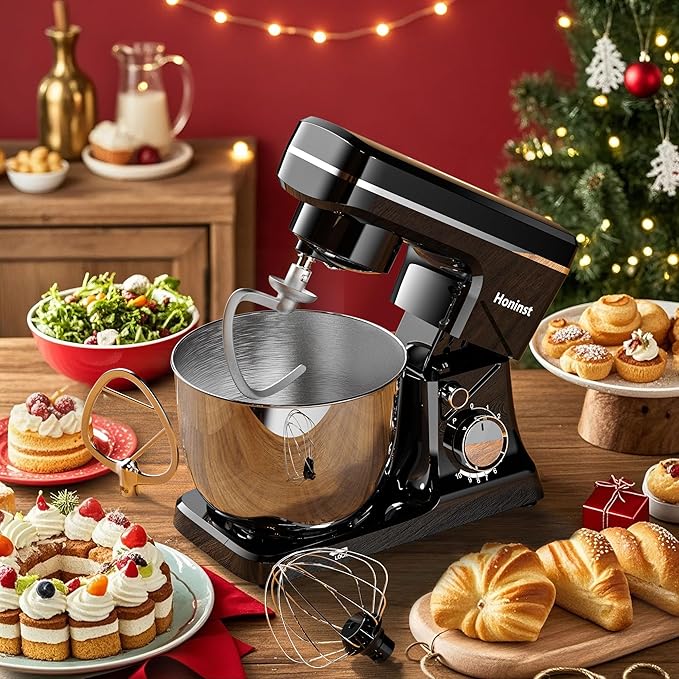 Stand Mixer, 10-Speed Kitchen Electric Mixer, 6QT Food Mixer with 8-in-1 Splash Guard, Dishwasher-Safe Dough Hook/Whisk/Beater/Spatula, Dough Mixers for Baking, Black