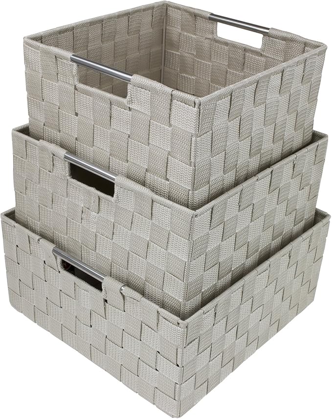 Sorbus Storage Box Woven Basket Bin Container Tote Cube Organizer Set Stackable Storage Basket Woven Strap Shelf Organizer Built-in Carry Handles (Beige)