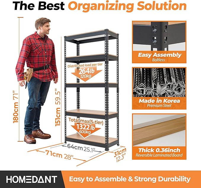 HOMEDANT 28"W x 12.3"D x 59.5"H 5-tier Boltless Metal Shelving Unit Adjustable Garage Storage Utility Rack Heavy Duty Shelves Organization Multipurpose Shelf Warehouse Kitchen Living Room pantry 4Pack