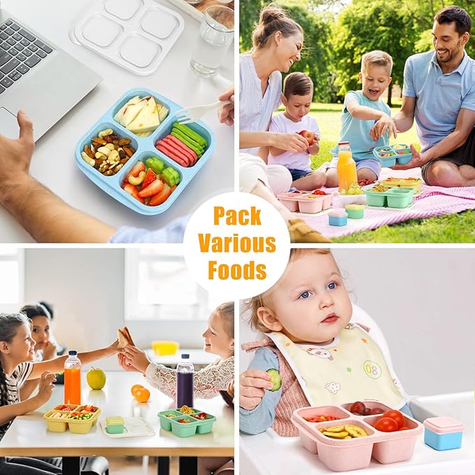 Caperci Lunchable Snack Containers - 4 Compartments Bento Snack Boxes (4 Pack) with 2 Leakproof Sauce Cups, Reusable Divided Food Containers for School, Work, Travel (Vintage Colors)