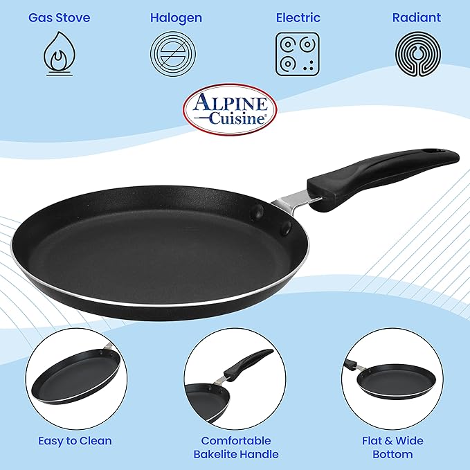 Alpine Cuisine Griddle Pan Aluminum 12-Inch Nonstick Coating, Griddle Pan for Stove Top with Stay Cool Handle, Durable Nonstick Cookware - Dishwasher Safe - Gray