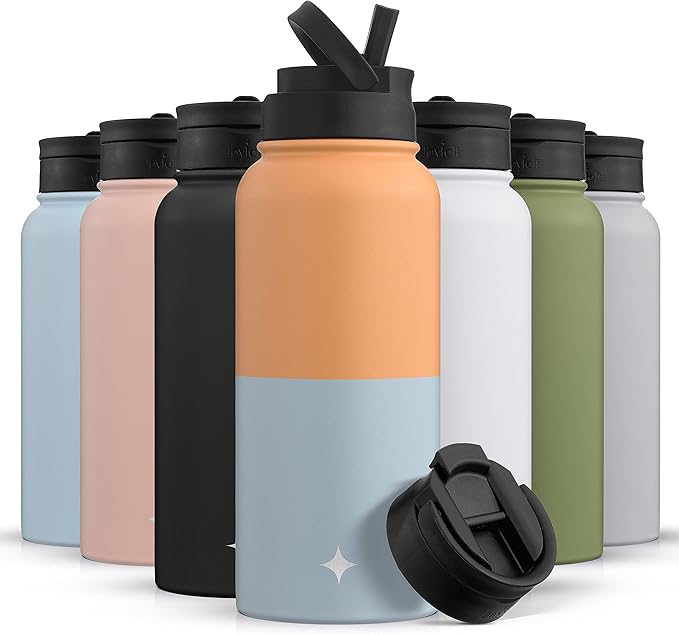 JoyJolt Triple Insulated Water Bottle with Straw Lid AND Flip Lid! 32oz Large Water Bottle, 12 Hour Hot/Cold Vacuum Insulated Stainless Steel Bottle. BPA-Free Leakproof Water Bottles - Thermos Bottle