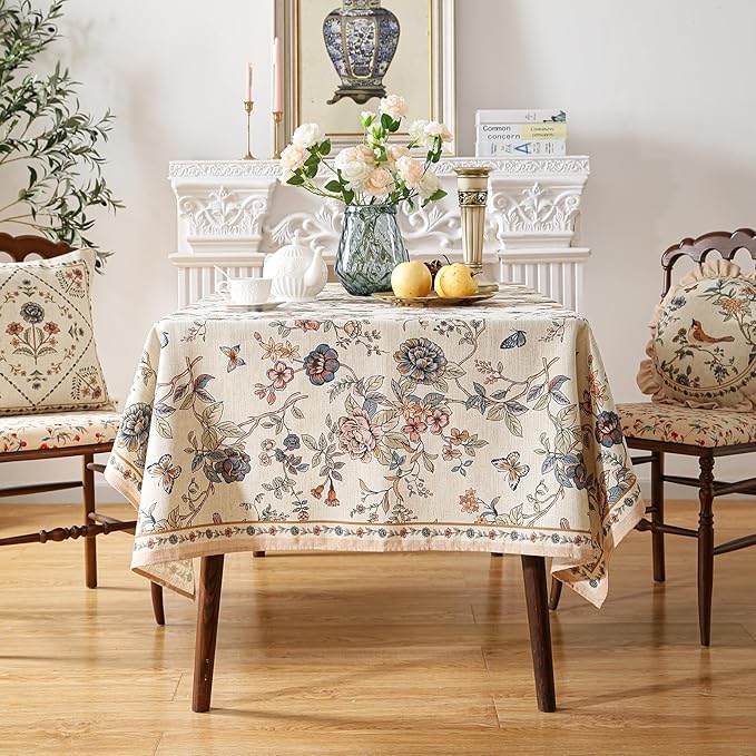 ISAENNE Designer French Light Beige Extra Long Rectangle Tablecloth,Linen Florals and Birds Pattern Table Cloth,Durable Decorative Tablecloths for Dining Thanksgiving Kitchen,63"*110"-Cornucopia