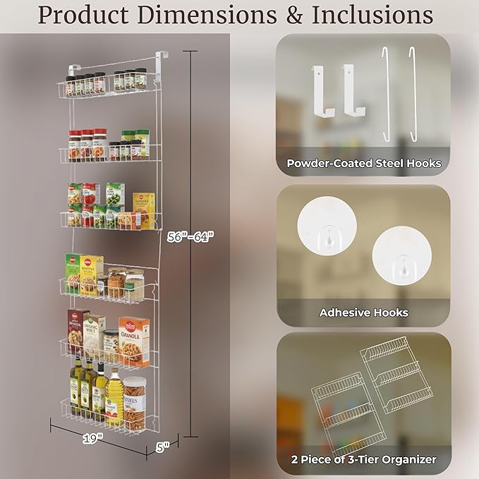 Lavish Home Powder Coated Steel Closet Organizer, 6-Tier Shelves, Over the Door Pantry Organizer, with Adhesive Hooks, White
