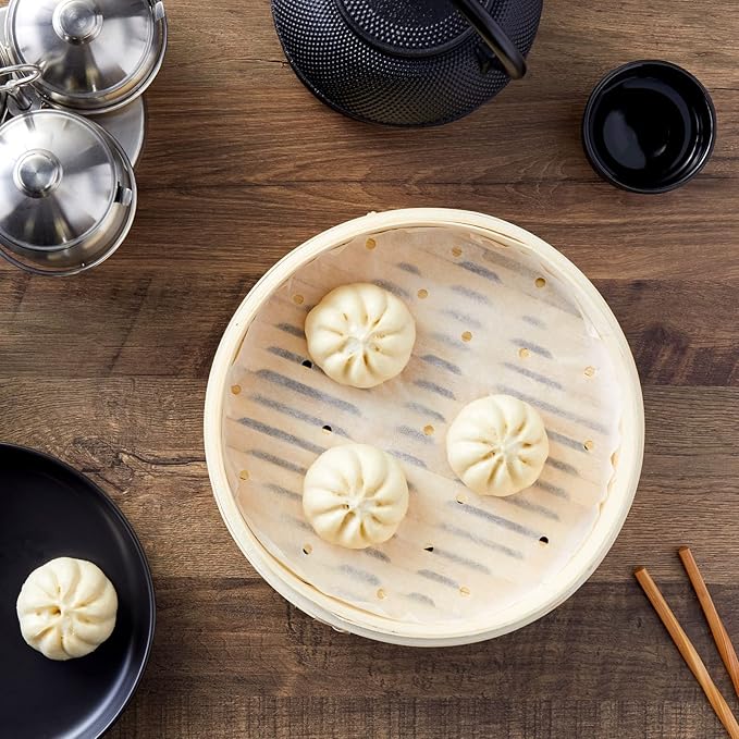 Juvale Disposable Air Fryer Liners - 10-Inch Round White 100-Pack - Perforated Parchment Paper Sheets for Dumplings, Buns & Dim Sum - Steamer Basket Liners & Air Fryer Accessories