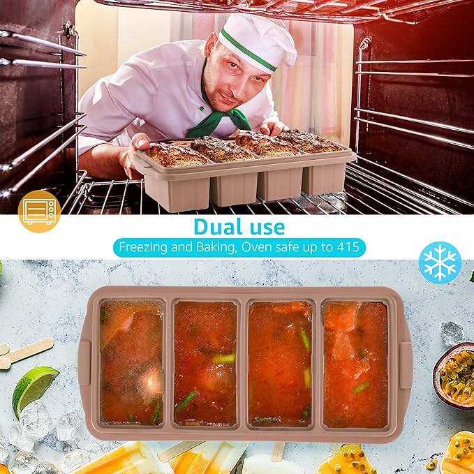 Silicone Freezer Tray With Lid - Silicone Freezer Food Molds- Large Ice Cube Tray,Silicone Freezer Container,Freeze & Store Soup, Sauce, Broth,Leftovers - Makes 4 Perfect 1 Cup