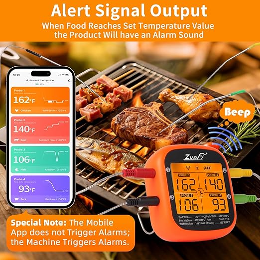 Wireless Digital Meat Thermometer,Instant Read Food Thermometer with LCD Display and 4 Stainless Probes,Advanced Electronic Thermometer Waterproof for BBQ Cooking Kitchen Outside Grill