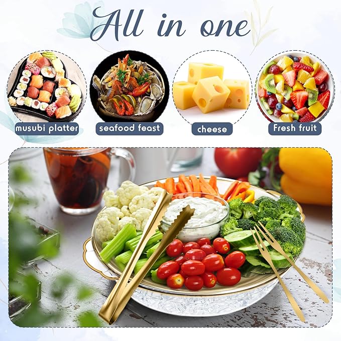Baderke 6 Sets 11.8" Chilled Serving Tray for Parties Round Iced Platter with Ice Underneath Stainless Steel Clip Fruit Fork Shrimp Cocktail Serving Dish for Oysters Crawfish Fruits (Gold)