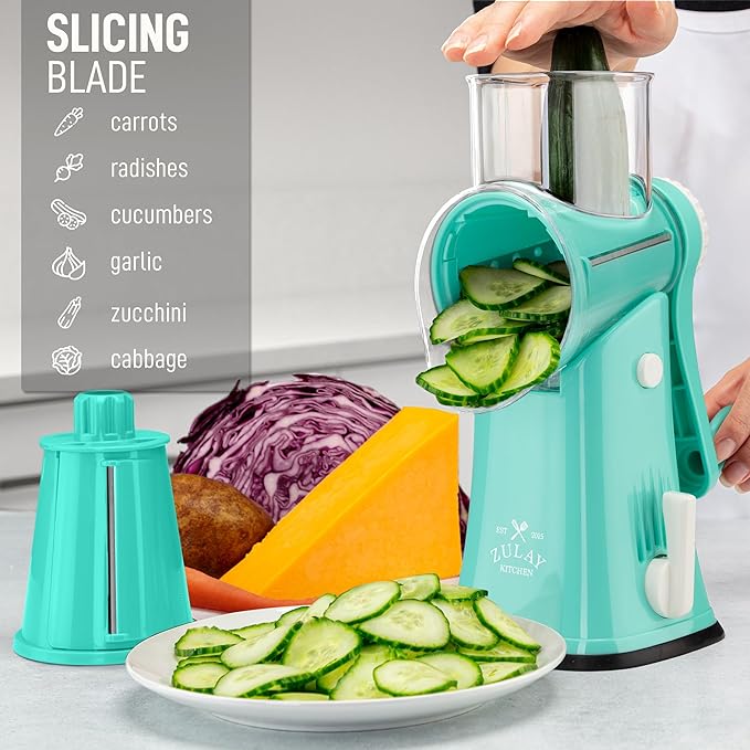 Zulay Kitchen Rotary Cheese Grater 5 Blade Cheese Shredder - Manual Hand Crank Cheese Grater With Reinforced Suction & 5 Interchangeable Drums - Easy to Use, Vegetable Chopper Round Mandoline Slicer