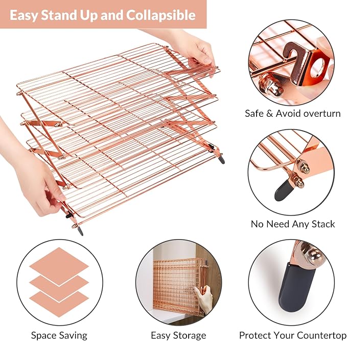 Geesta 2/3/4-Tier Collapsible Cooling Rack with Adjustable 3 Setting Design Stackable Cooling Roasting Cooking for Cookies Baking - Copper Cooking Utensils
