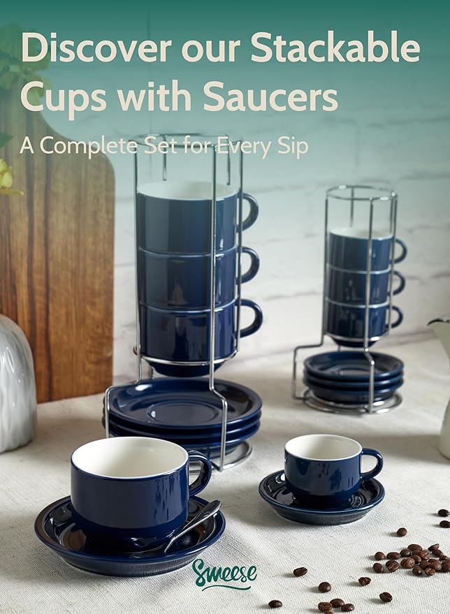 Sweese 8 Ounce Porcelain Stackable Cappuccino Cups with Saucers and Metal Stand - for Specialty Coffee Drinks, Cappuccino, Latte, Americano and Tea - Set of 4, Navy