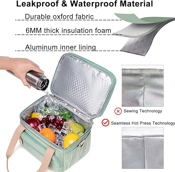 Weitars Insulated Lunch Box for Women Men-Dual Compartment Waterproof Reusable Large Lunch Bag for Women Wide-Open Tote Cooler Bag For Working Picnic Hiking (15L) (Green)