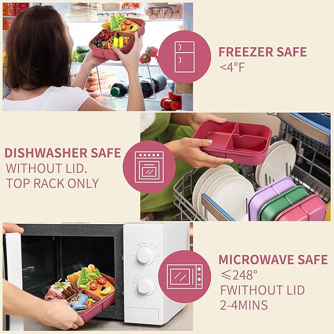 Wheat Straw Lunch Box, Leakproof Bento Box for Kids Adults, Lunch Containers with 3 Compartments BPA-Free Microwave Safe (Pink, 5.5 cup)