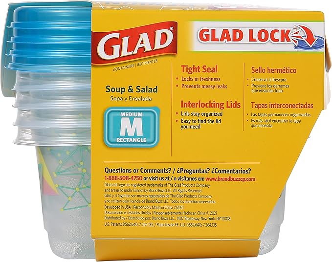Glad GladWare Design Series Food Storage Containers - Medium Rectangle - Meal Container Holds up to 24 Ounces of Food - Lock Tight Seal, 4 Count