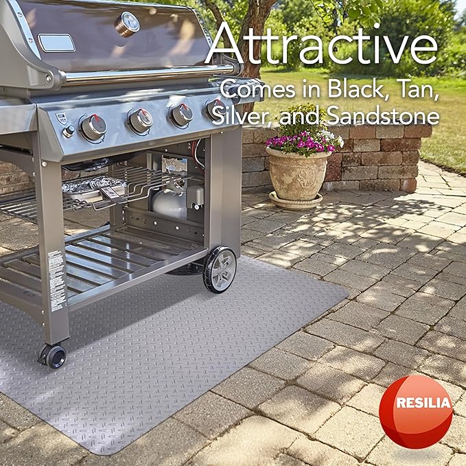 RESILIA X-Large Under Grill Mat – Heavy Duty, Reusable Outdoor Floor Protector Mats for Deck, Patio, & Garage – 57 Inch x 47 Inch, Silver Diamond Plate, Made in The USA