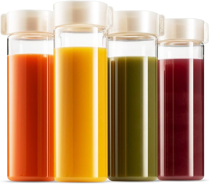 Komax Reusable Juice Bottles, Set of 4 Leak-Proof Juice Containers with Lids for Fridge, BPA-Free Plastic Smoothie Bottle Set, Dishwasher-Safe Wide Mouth Juicing Bottles (18.5 oz)