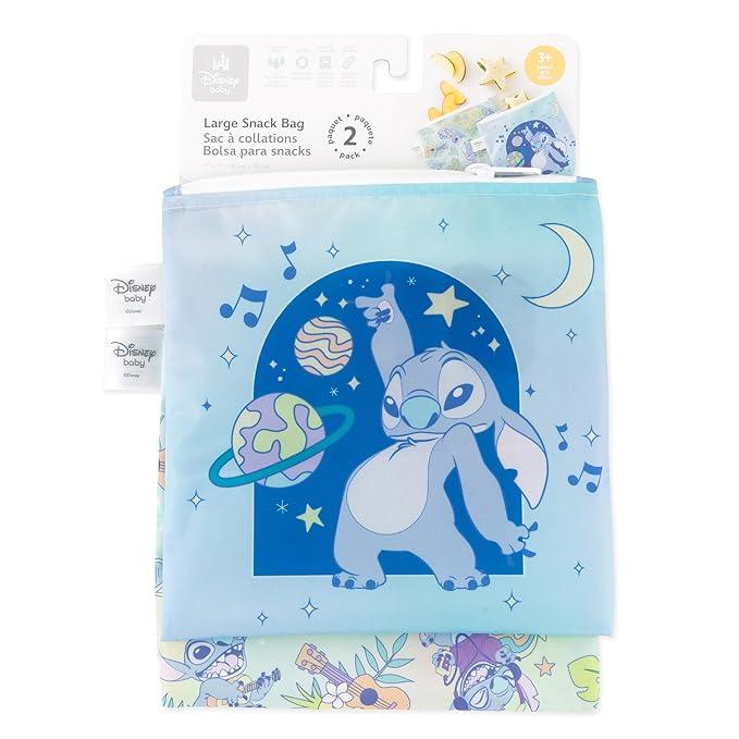 Bumkins Reusable Sandwich and Snack Bags, for Kids School Lunch and for Adults Portion, Washable Fabric, Waterproof Cloth Zip Bag, Travel Pouch, Food-Safe Storage, Large 2-pk, Disney Stitch