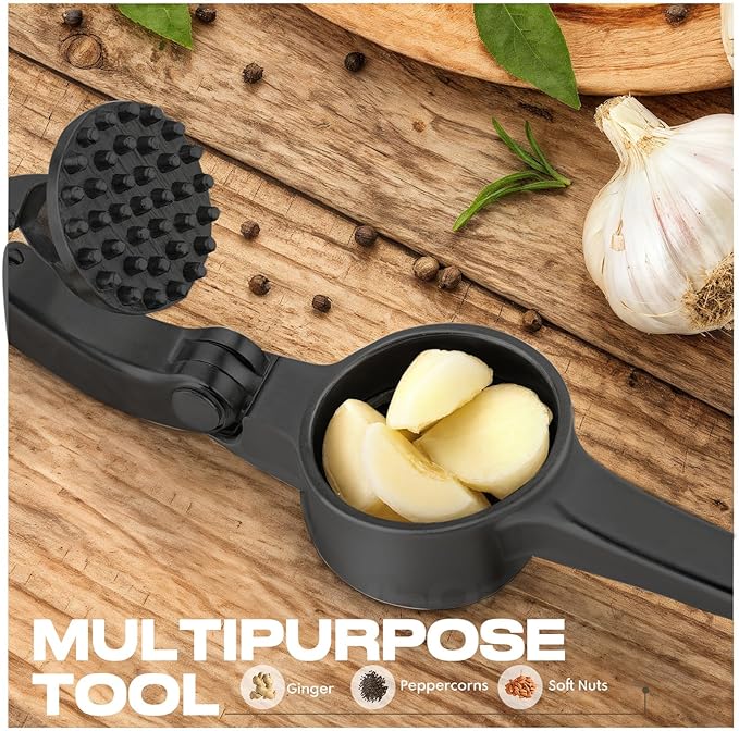 Kitchen Garlic Press, Rust Proof & Dishwasher Safe Garlic Mincer, Durable Garlic Crusher Set with Peeler＆Brush, Easy to Clean and Squeeze, Black