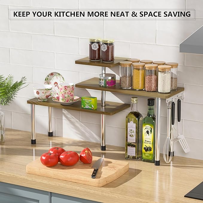 ZHWS Kitchen Corner Shelf Countertop Organizer - 3 Tier Bamboo & Metal Kitchen Organization Plant Stand Living Room Office, Spice Rack On Counter Shelves, Antique