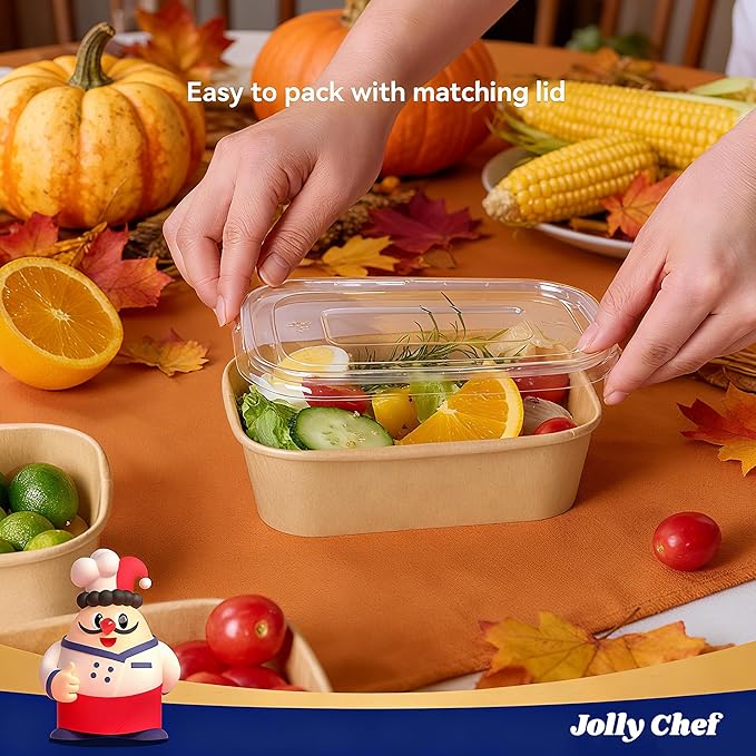 JOLLY CHEF 50 Pack Paper Food Containers with Lids, 19 oz Disposable Meal Prep Containers, Rectangular Paper Bowls with Lids for Thanksgiving, Christmas, Parties