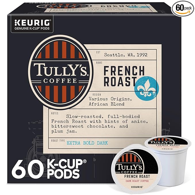 Tully's Coffee French Roast, Keurig Single Serve K-Cup Pods, Dark Roast Coffee, 60 Count, (6 Packs of 10)
