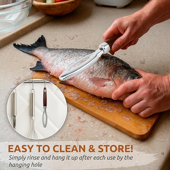 Dugato Fish Scale Remover Tool with Wooden Handle – Stainless Steel Fish Scaler Scraper for Quick & Easy Fish Cleaning – Rustproof Serrated Edge Seafood Descaling Tool for Kitchen & Outdoor Use
