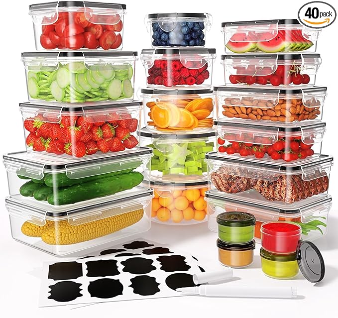40 PCS Food Storage Containers with Lids Airtight (20 Containers & 20 Lids), Leak proof Meal Prep Container Set for Kitchen Storage, BPA-free, PVC-free Plastic, Microwave/Dishwasher Safe, Labels & Pen