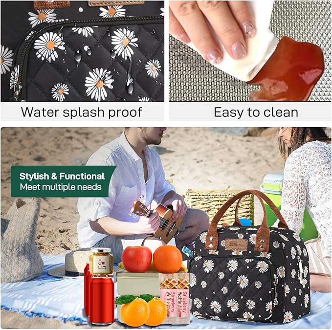 HOMESPON Lunch Bag for Woman Man Adults with Front Pocket Insulated Lunch Tote Lunch Box Container for Work Picnic or Travel(Daisy)