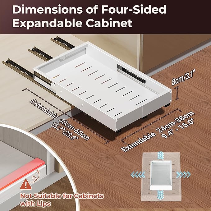 Pull Out Drawers for Cabinets, 1 Pack Slide Out Drawer Expandable Width (10"-16") and Depth (17"-25") with 3 Slide Rails, Fixed with Adhesive Film or Nail for Cabinets in Kitchen, Pantry or Bathroom