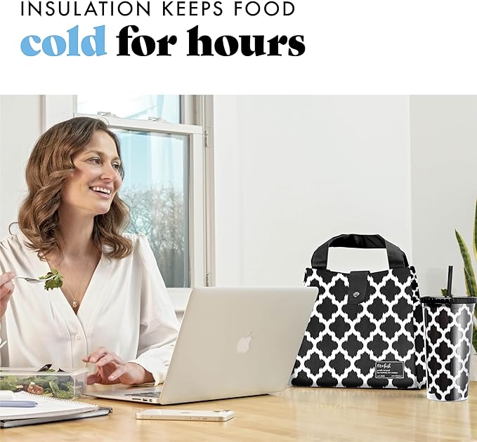Fit & Fresh Lunch Bag For Women, Insulated Womens Lunch Bag For Work, Leakproof & Stain-Resistant Large Lunch Box For Women With Containers and Matching Tumbler, Snap Closure Westport Bag Black/White