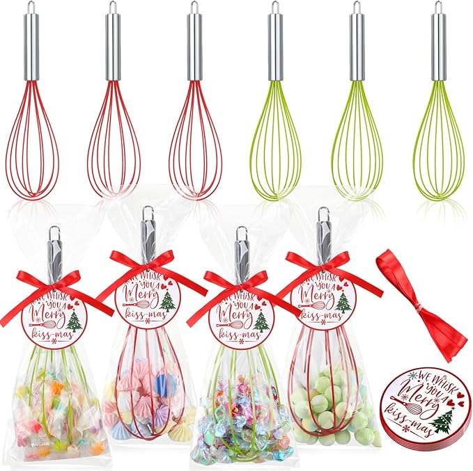 6 Sets 12 Inch Christmas Whisks Gifts DIY Fillable Christmas Tree Ornaments Xmas Colored Silicone Whisks for Cooking Heat Resistant Egg Beaters with Card Rope Bag for Candy Holder