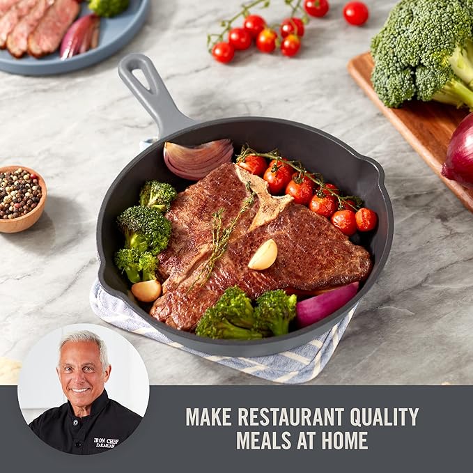 DASH Zakarian 7.5" Nonstick Cast Iron Skillet with Pour Spouts for Searing, Baking, Grilling, Roasting and More - Grey